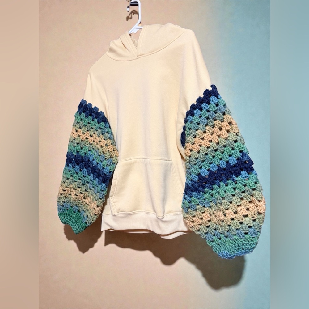 Cream Hoodie with Multicolor Crochet Sleeves
